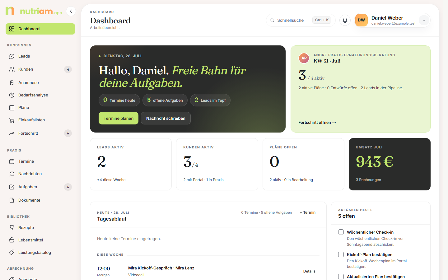 Coach-Dashboard mit Kennzahlen und Tagesablauf