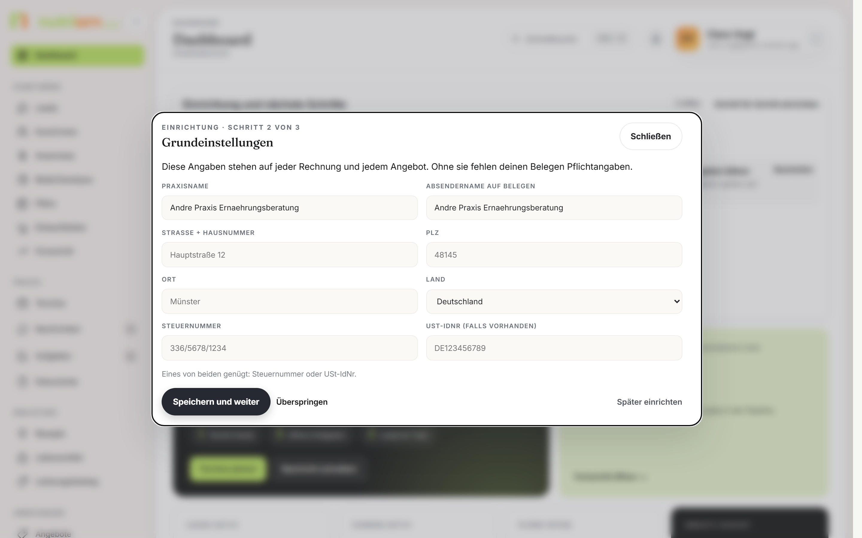 Einrichtungs-Assistent, Schritt 2: Angaben der Praxis