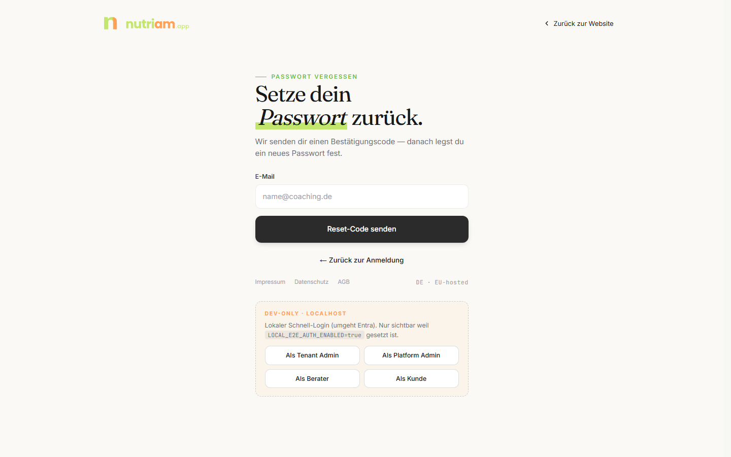 Passwort zurücksetzen: E-Mail und Reset-Code