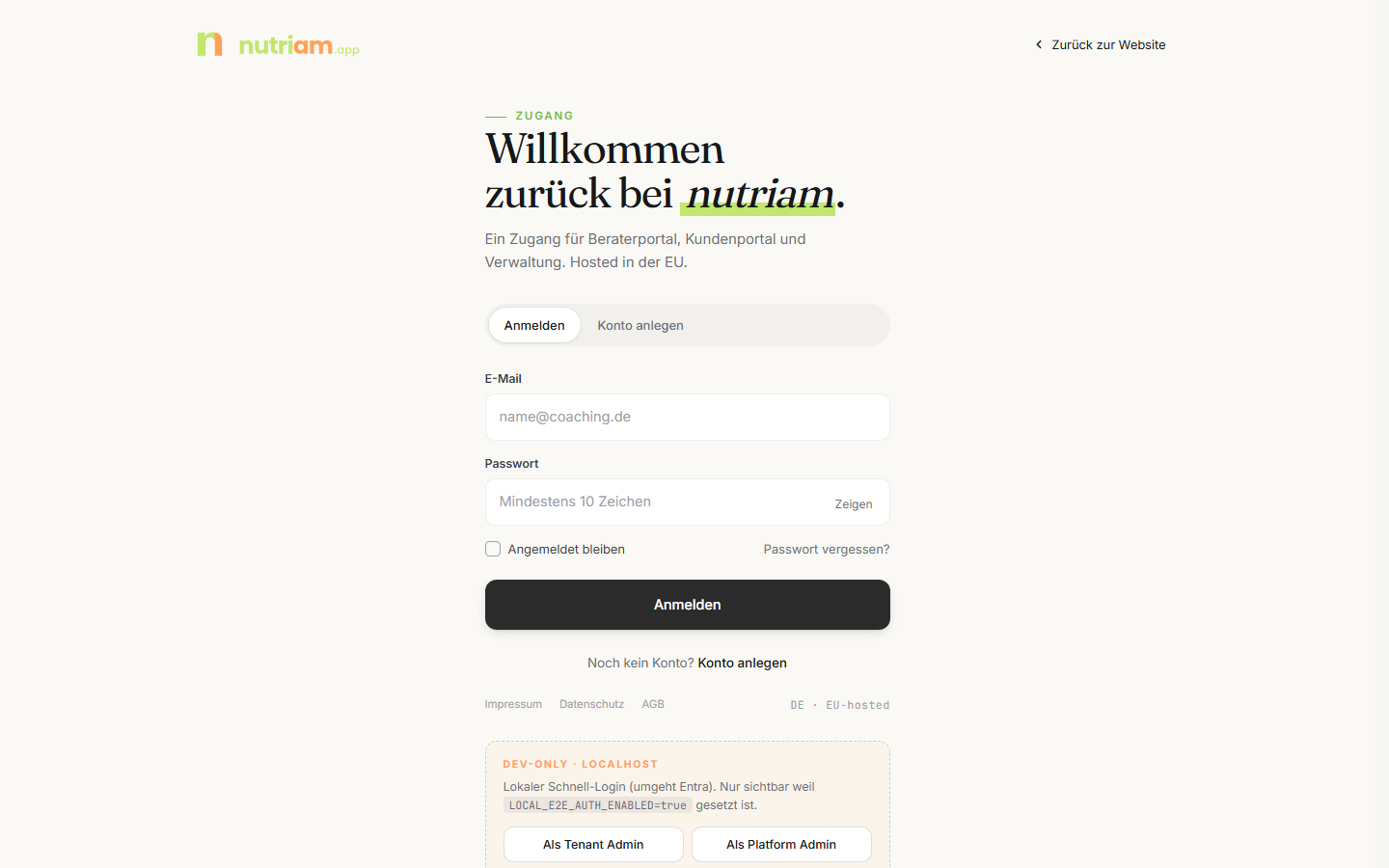 Anmeldeseite von nutriam mit E-Mail, Passwort und Merken-Option