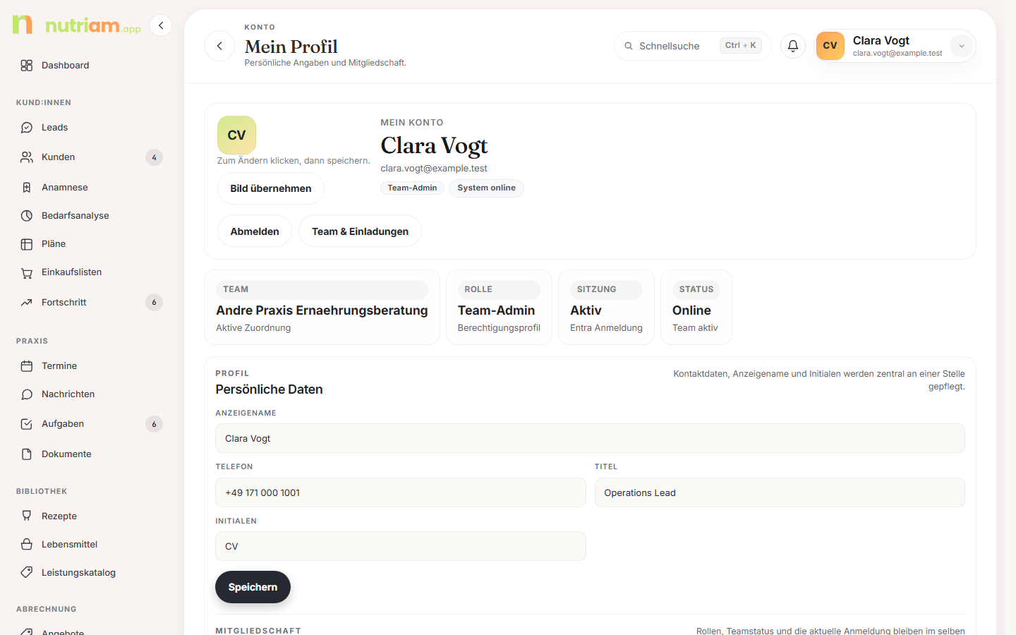 Profilseite Mein Konto mit Rollen-Pille und Statusleiste