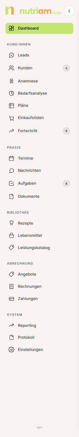 Coach-Sidebar ohne den Eintrag Abo & Testphase
