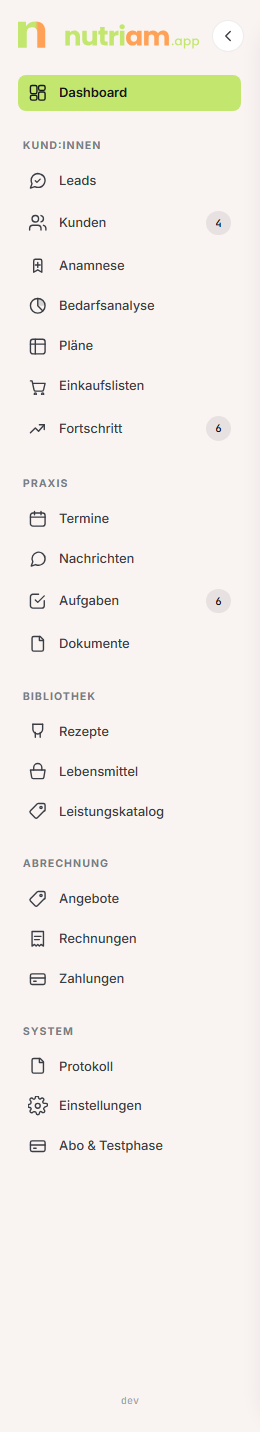 Sidebar mit allen Gruppen von Dashboard bis System