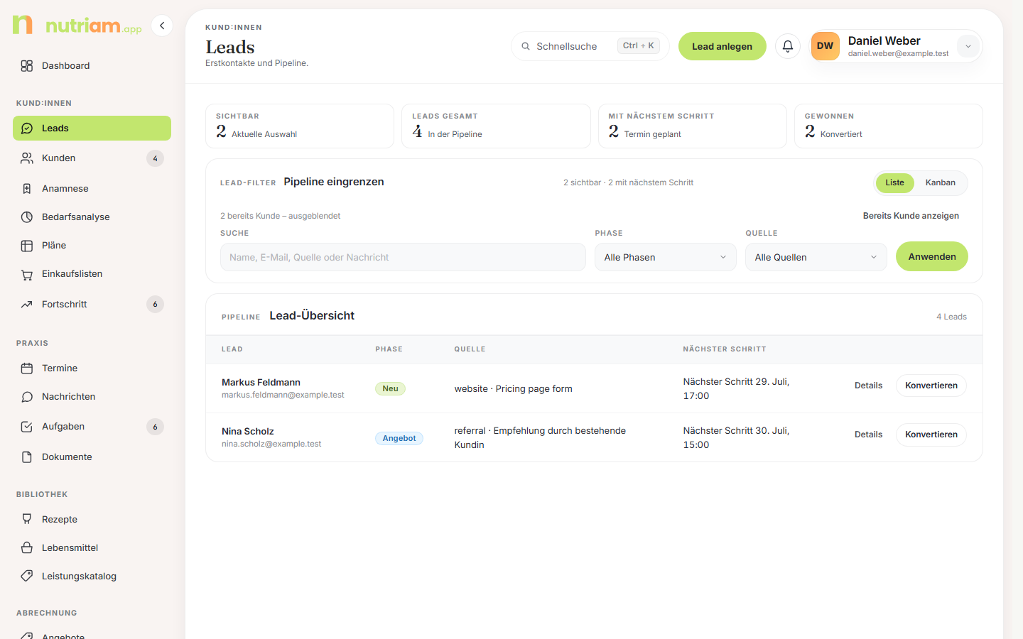 Lead-Übersicht mit KPI-Strip, Filterkarte und Tabelle