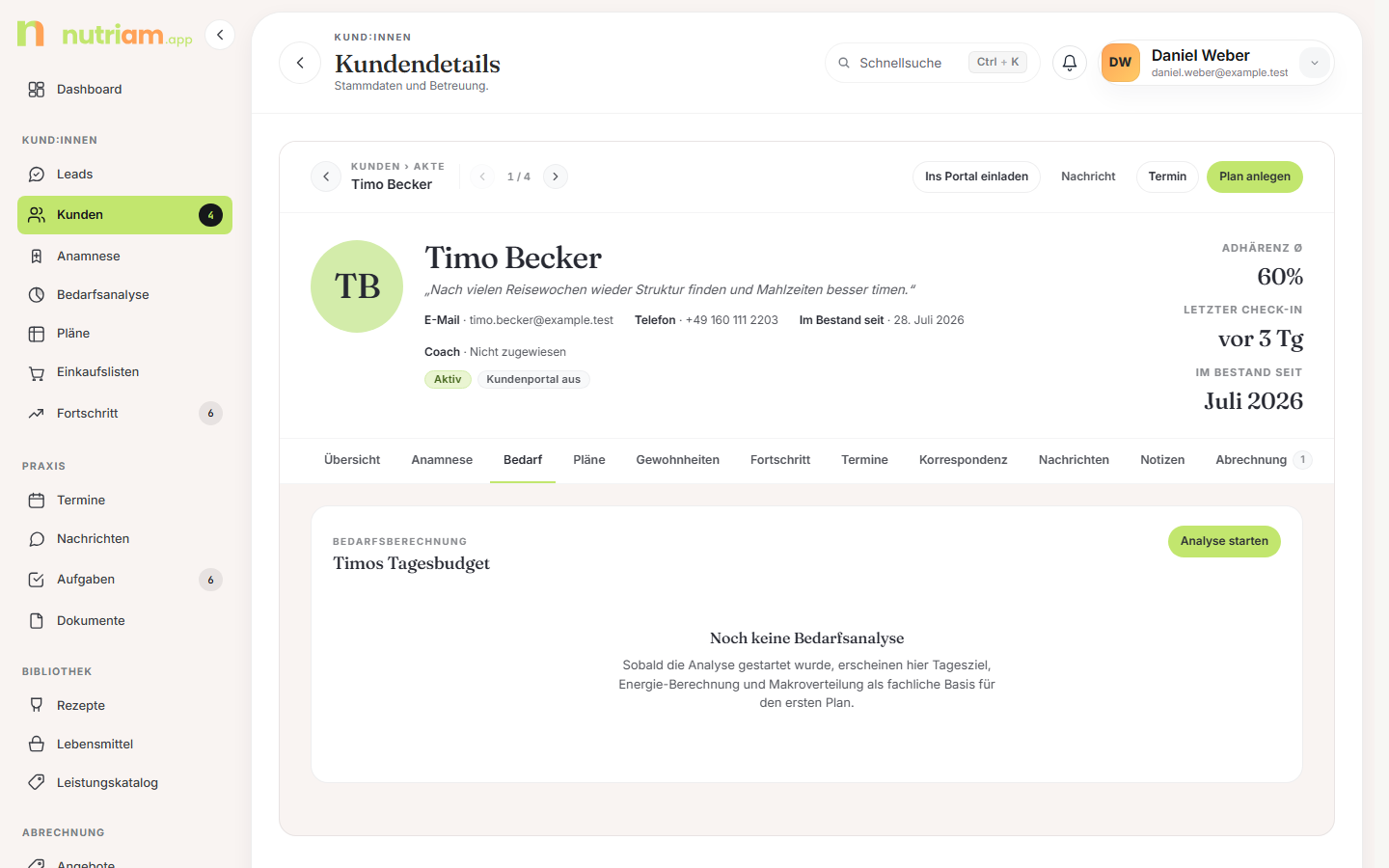 Tab „Bedarf" mit Zielwerten und Makroverteilung
