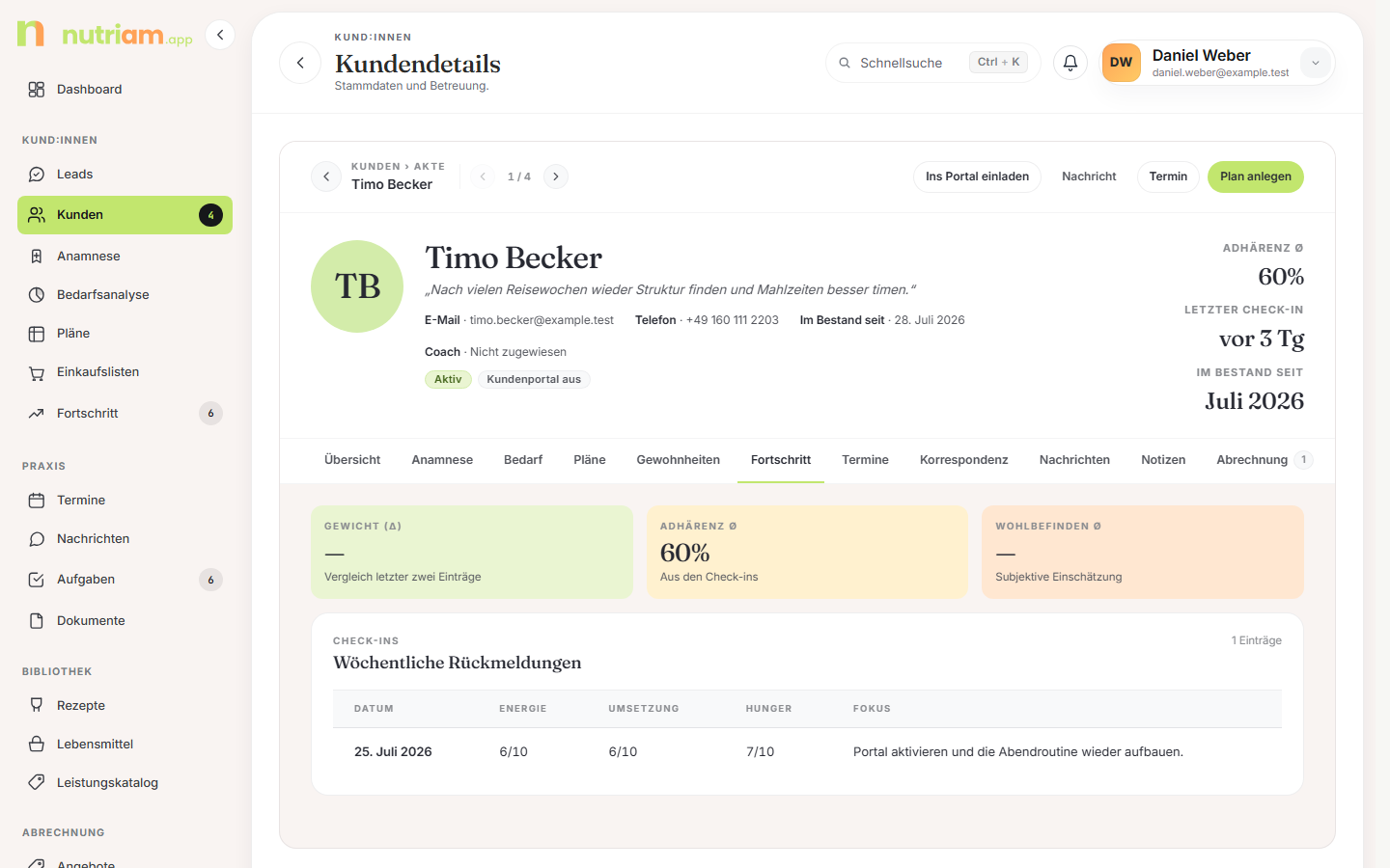 Tab „Fortschritt" mit Kennzahlen, Gewichtstrend und Tabellen