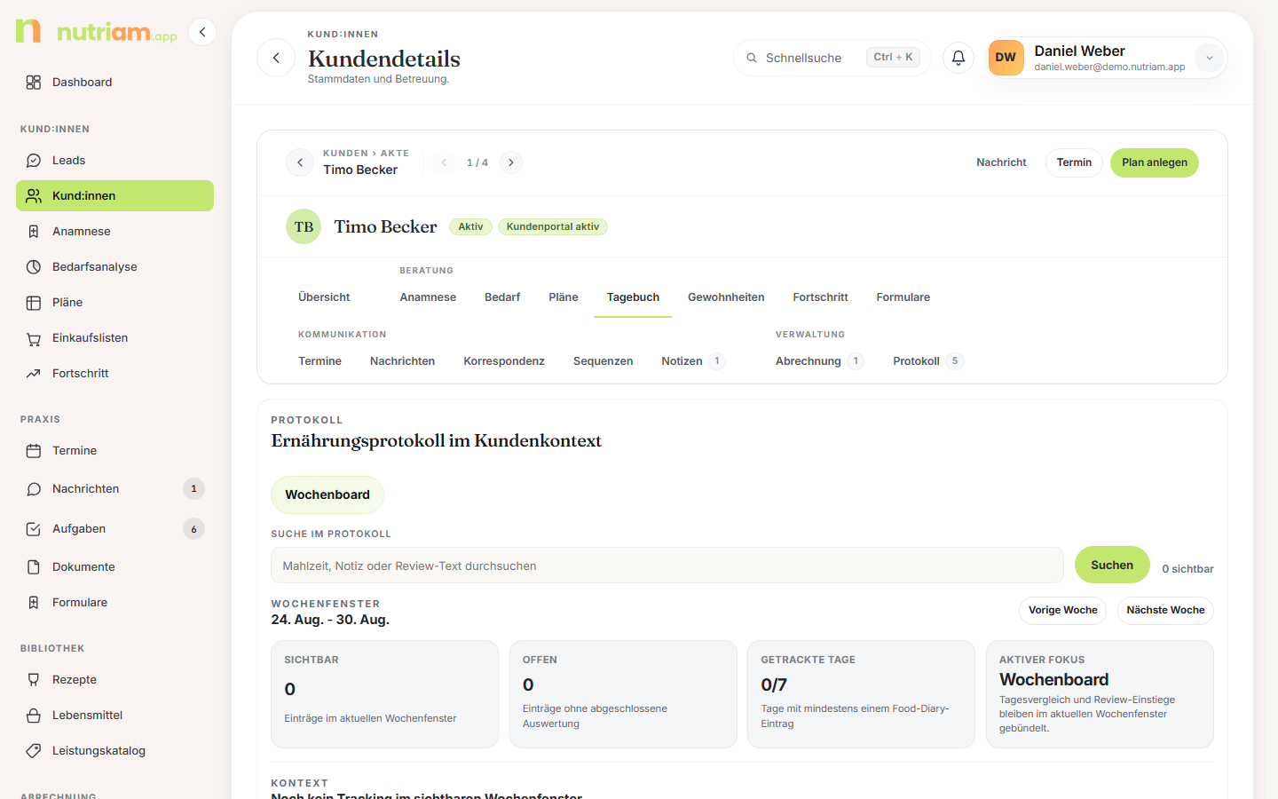Tab „Tagebuch" mit Wochenboard und Zielabgleich