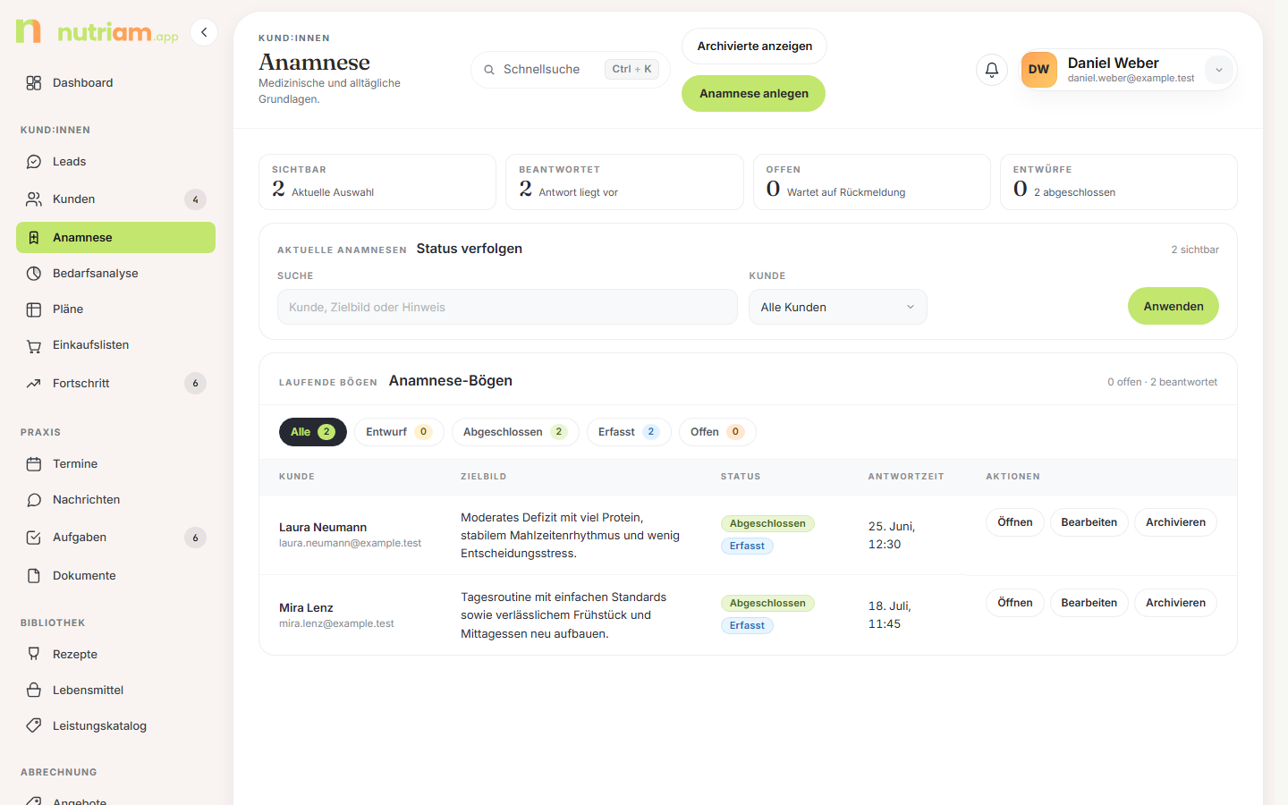 Anamnese-Übersicht mit Fokus-Pillen und Tabelle