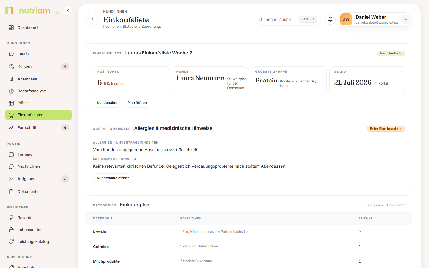 Einkaufsliste mit Kategorientabelle