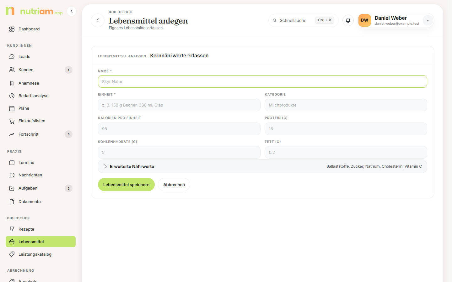 Formular für ein eigenes Lebensmittel