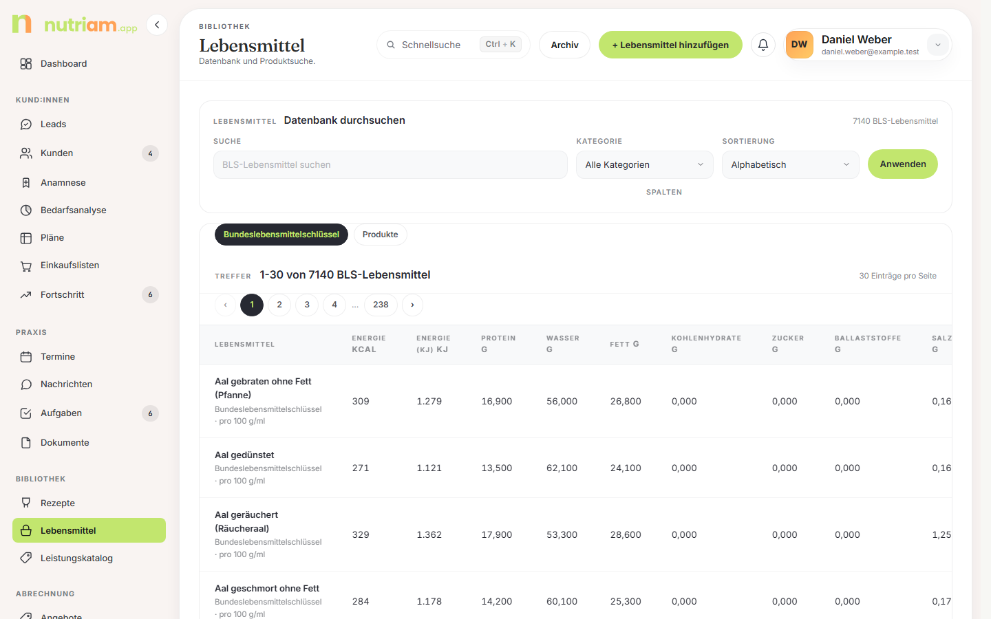 Lebensmittel-Datenbank mit Nährwerttabelle