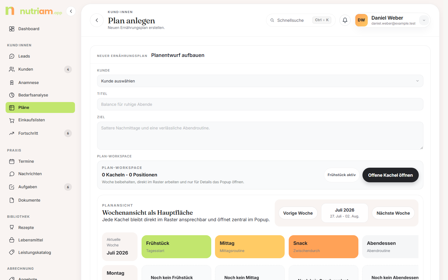 Formular zum Anlegen eines Planentwurfs