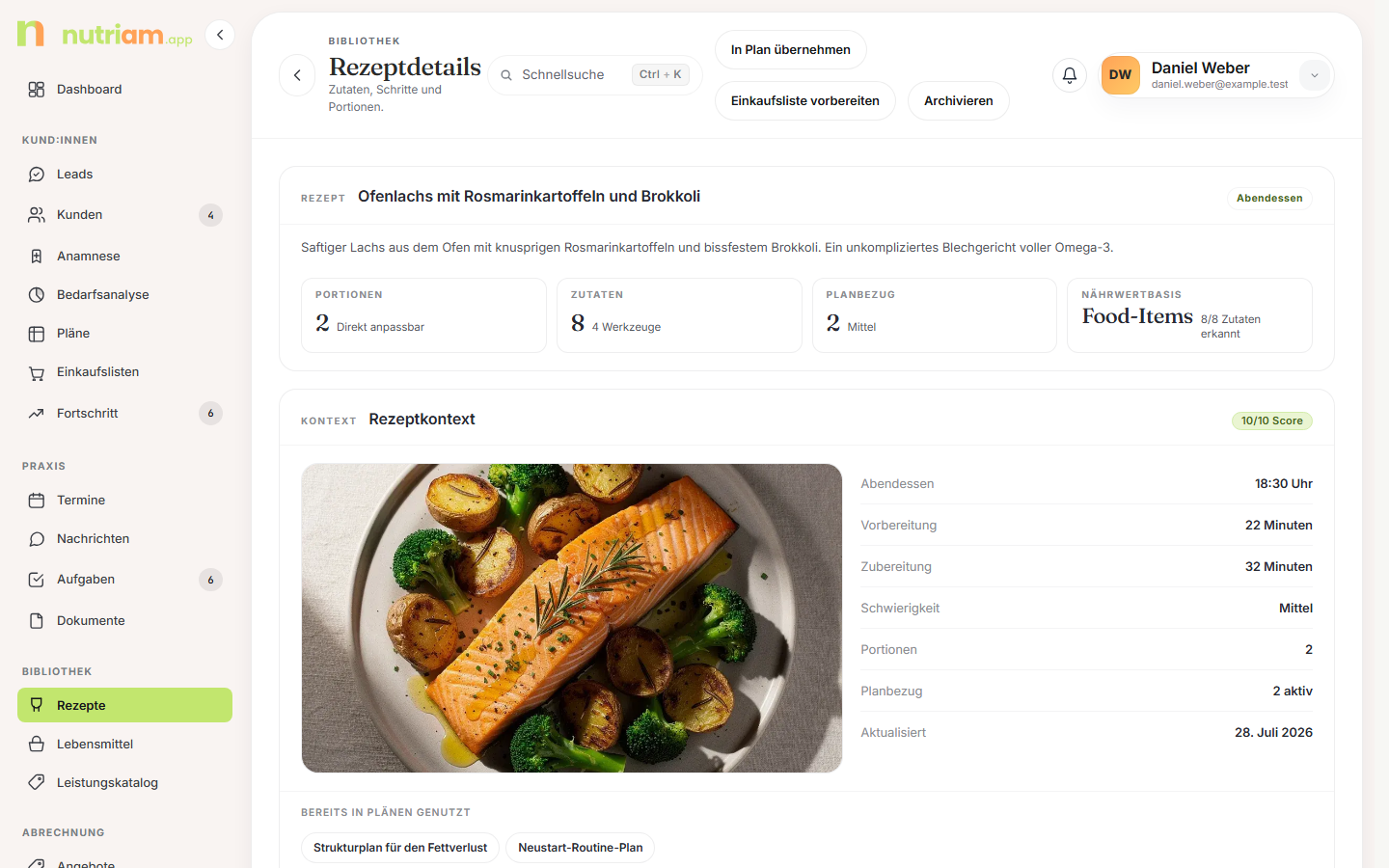 Rezeptdetail mit KPI-Streifen und Rezeptkontext