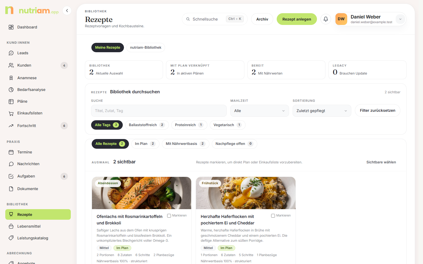Rezeptliste mit Umschalter und Rezeptkacheln