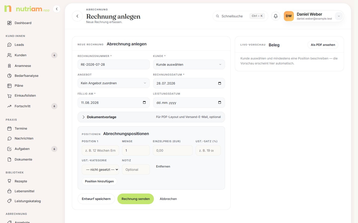 Formular „Abrechnung anlegen" mit Live-Belegvorschau rechts