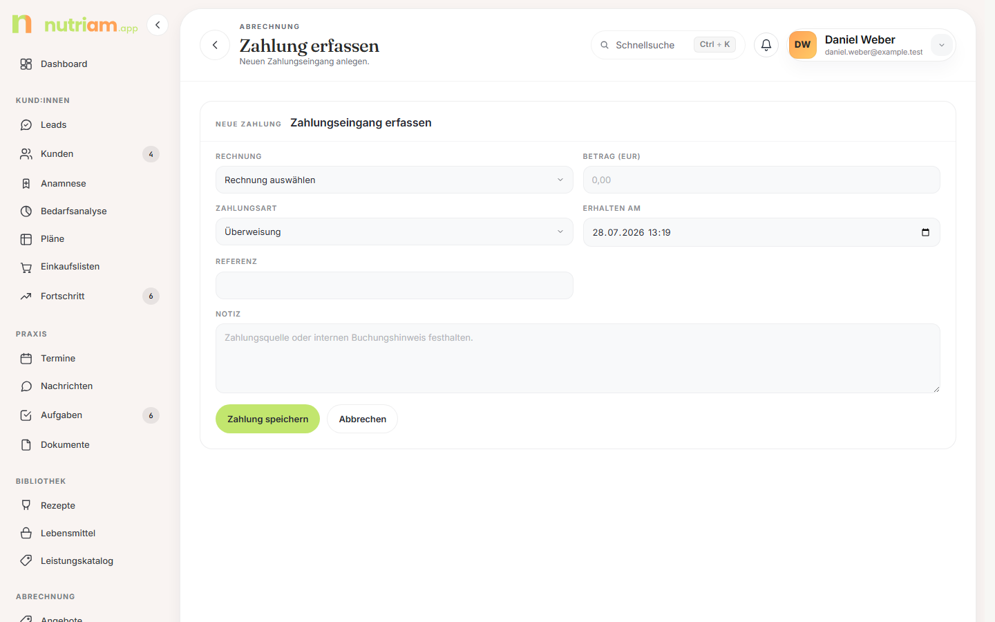 Formular „Zahlungseingang erfassen" mit vorausgewählter Rechnung