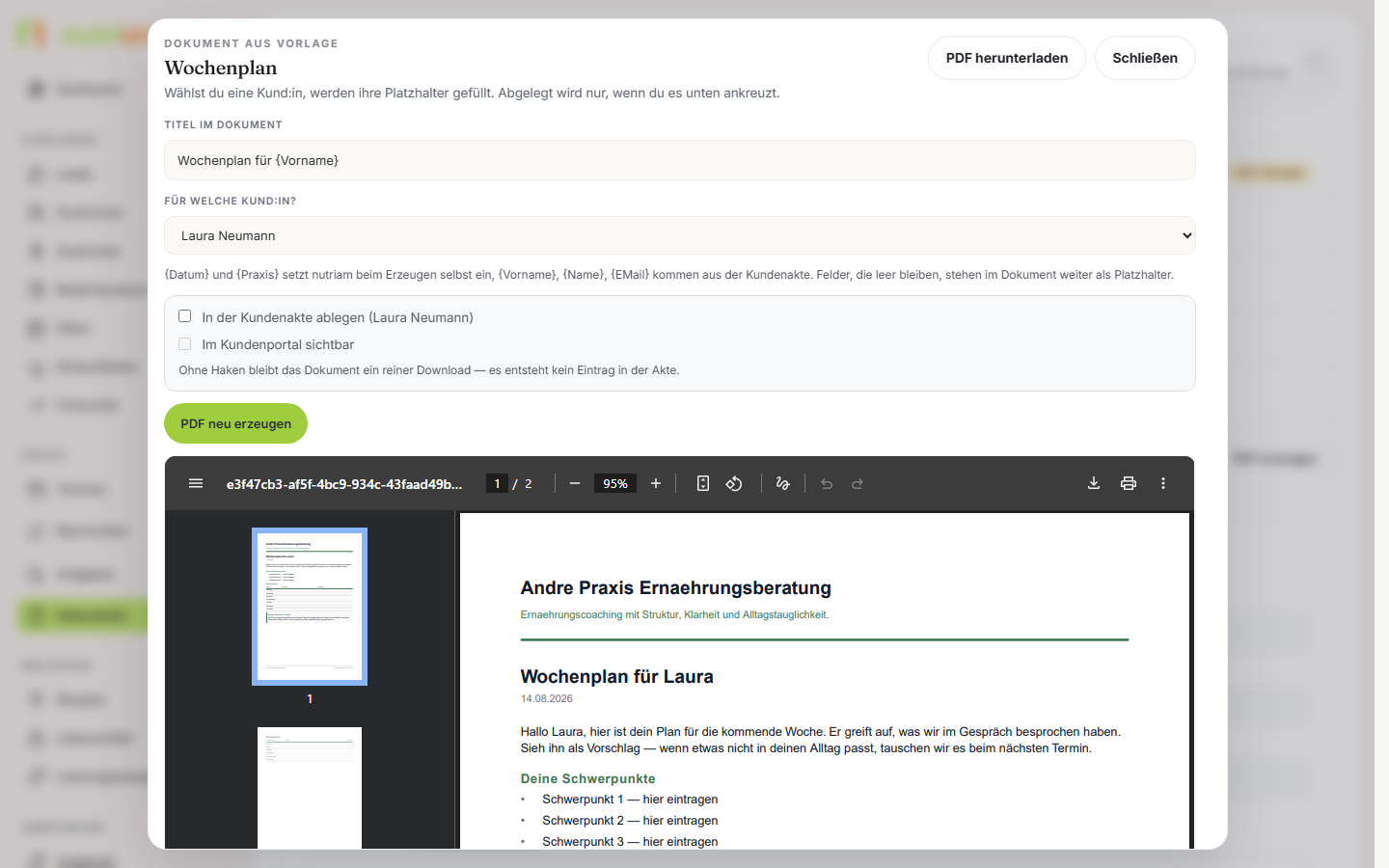 PDF-Dialog mit Kundenauswahl und Ablage-Schaltern