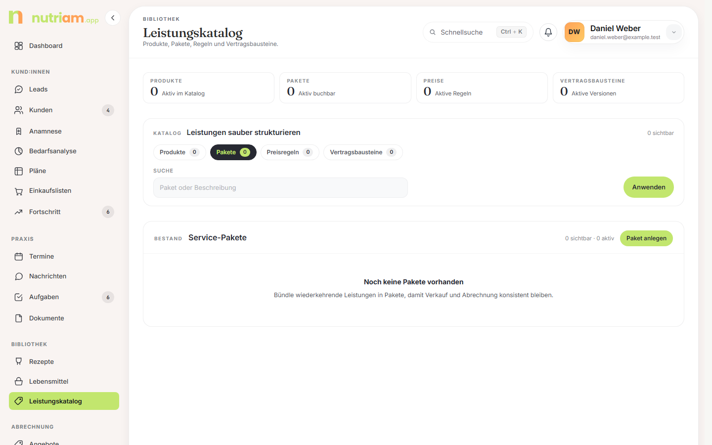 Pakete-Tab als Kartenraster mit Positionen je Paket