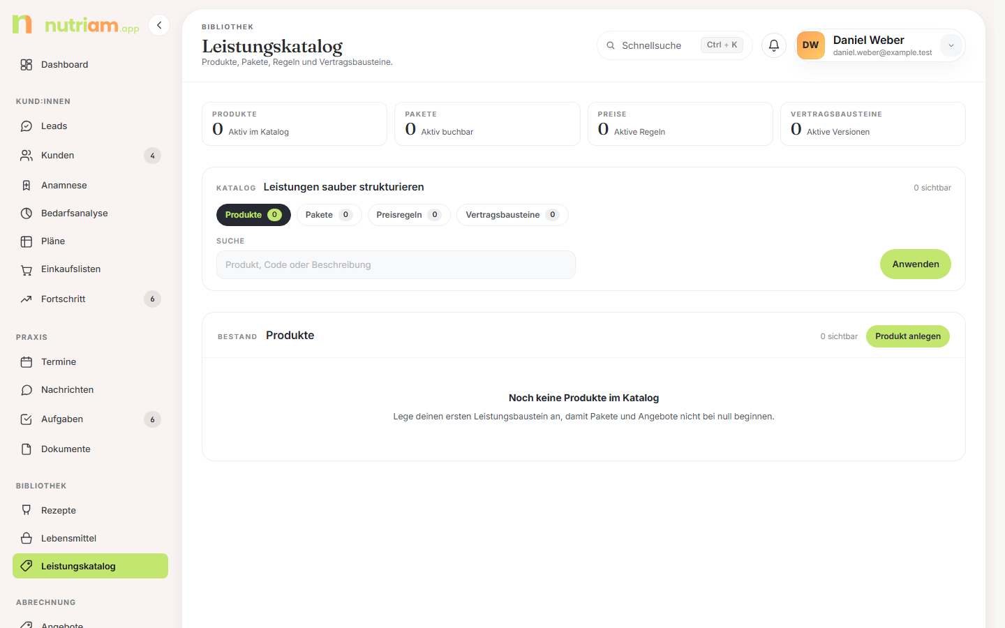Produkte-Tab des Leistungskatalogs