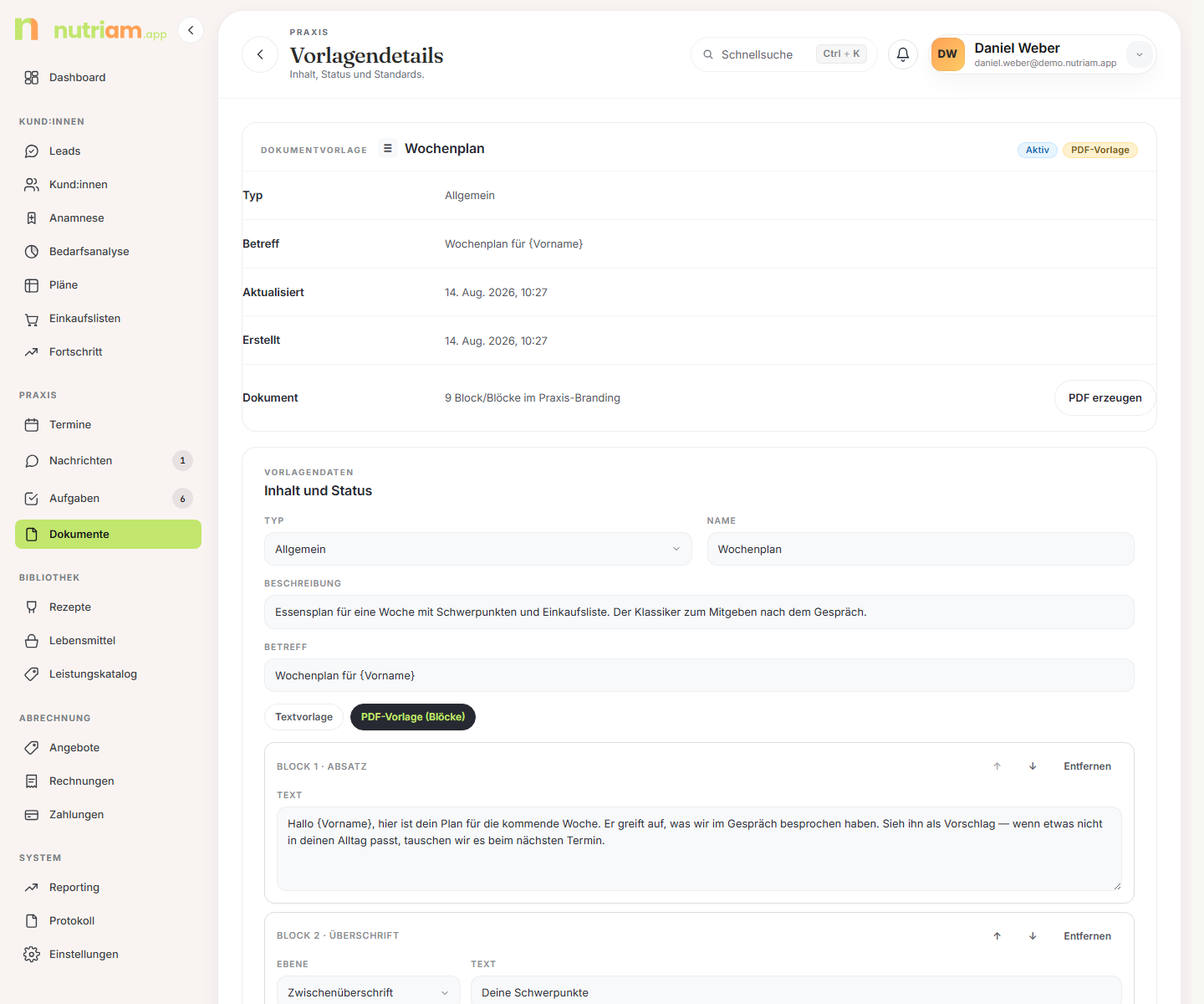 Detailseite einer PDF-Vorlage mit Blockeditor