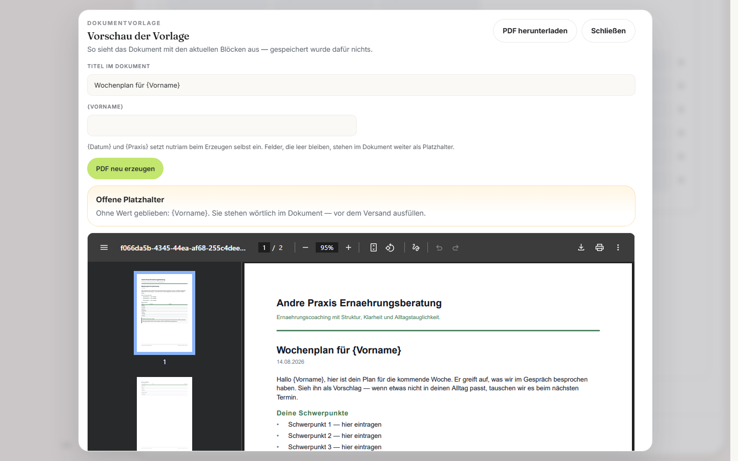 PDF-Vorschau mit offenen Platzhaltern