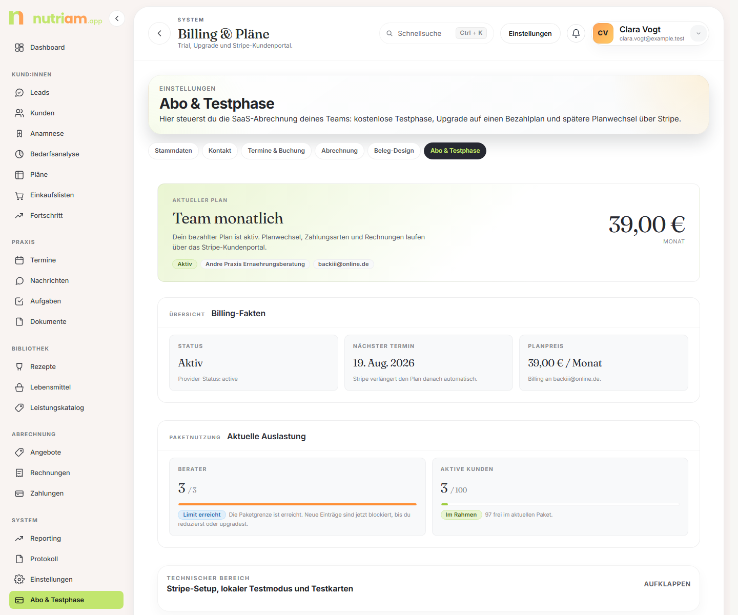 Abo-Seite mit Banner, Billing-Fakten und Auslastung