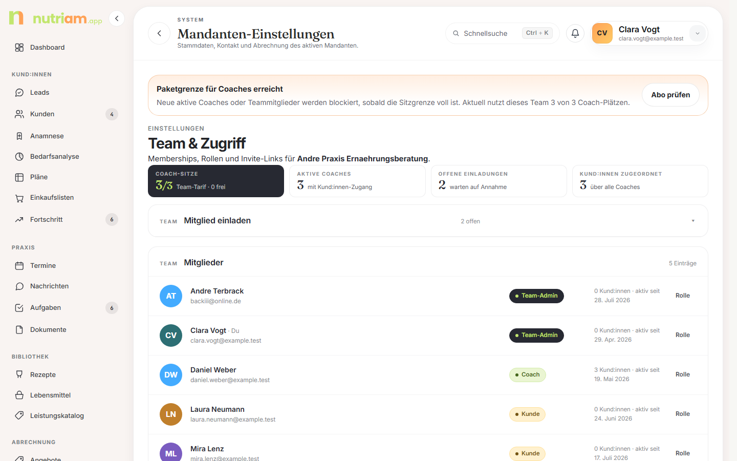 Team-Verwaltung mit KPI-Kacheln, Mitgliedern und Einladungen