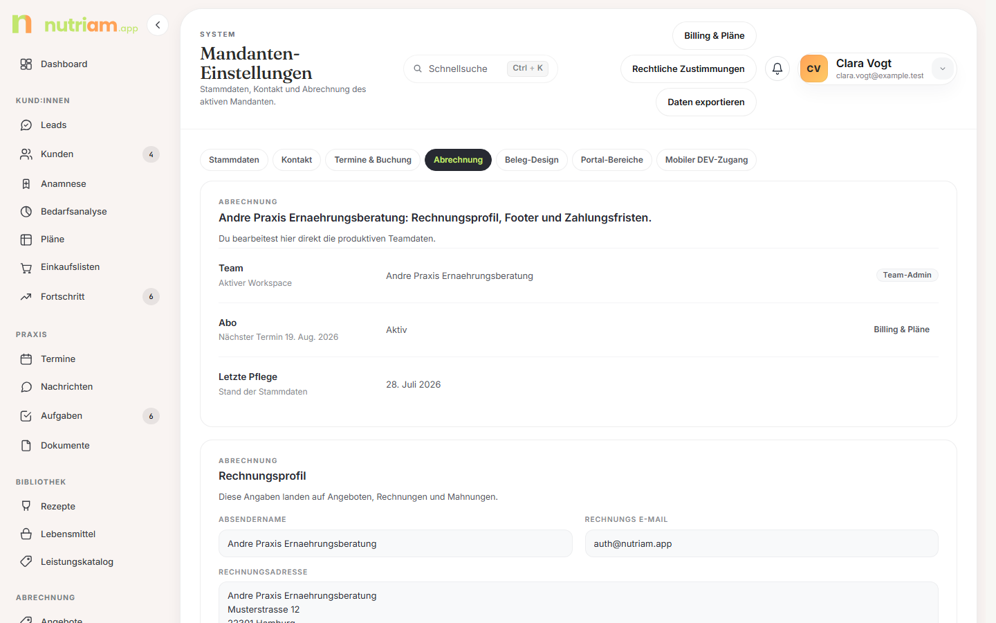 Tab Abrechnung mit ZUGFeRD-Feldern und KI-Nutzung
