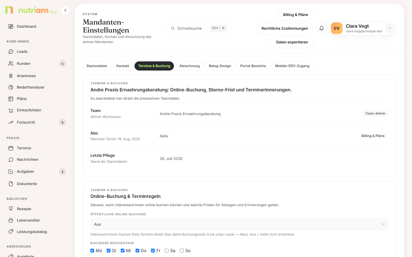 Tab Termine und Buchung mit Buchungsfenster und Erinnerungen