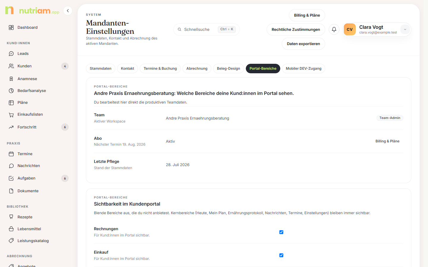 Tab Portal-Bereiche mit Checkboxen je Bereich