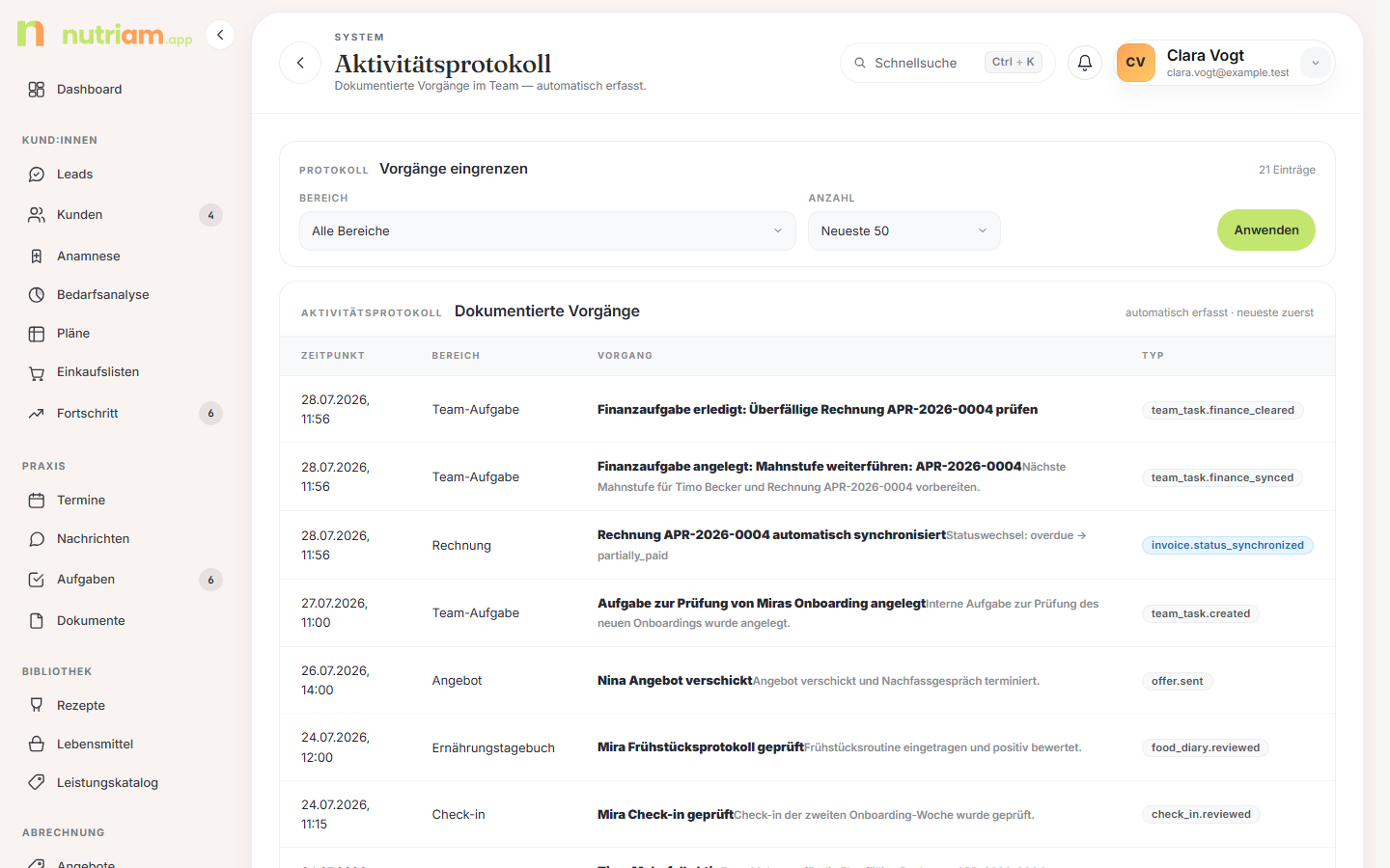 Aktivitätsprotokoll mit Bereichs-Filter und Tabelle der Vorgänge