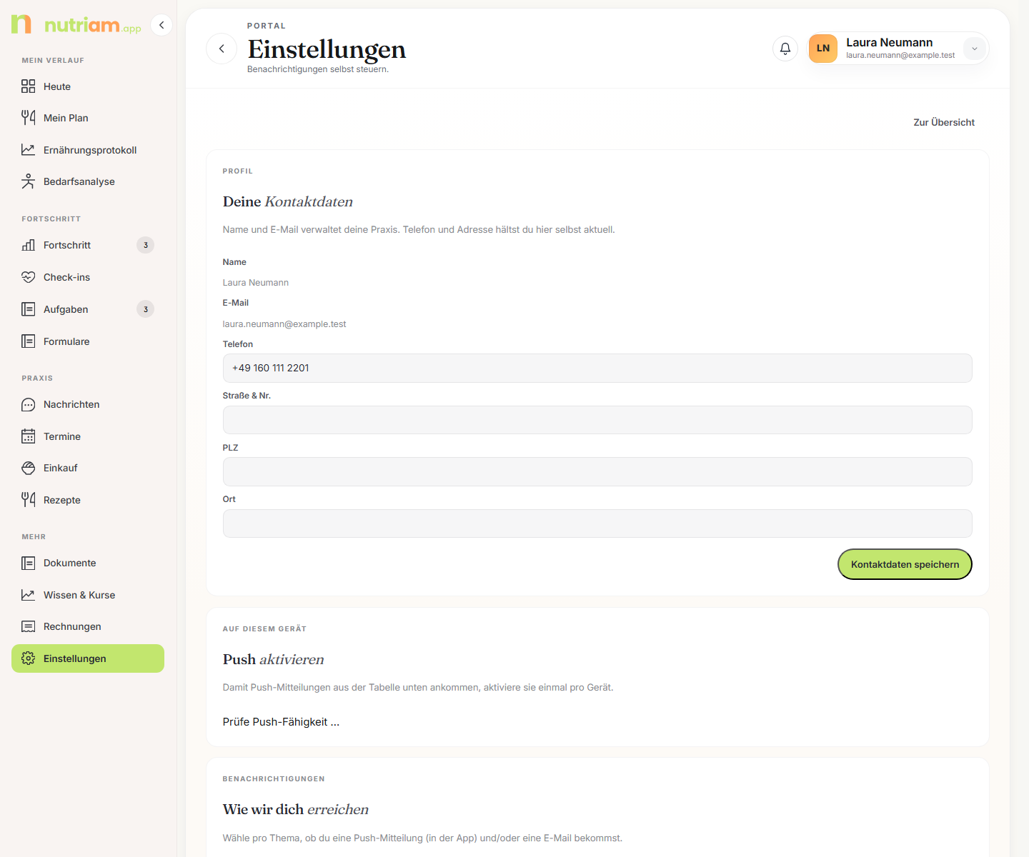 Einstellungen mit Push, Themen und Ruhezeiten