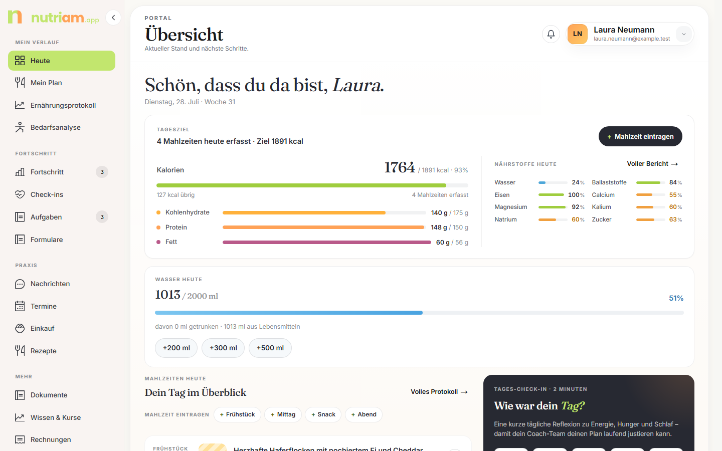 Startseite Heute mit Tagesziel, Wasser und Mahlzeiten