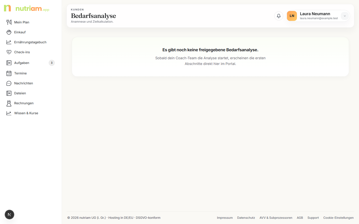 Bedarfsanalyse im Portal, noch ohne freigegebene Abschnitte