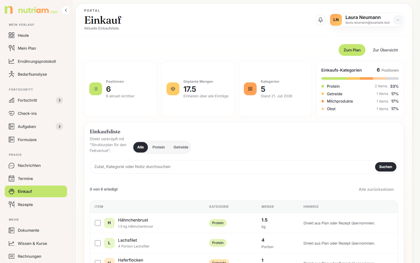 Einkaufsliste mit Abhak-Kästchen und Fortschritt