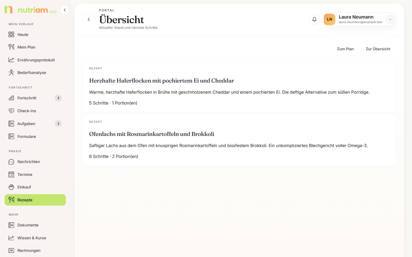 Rezepte im Portal als Kachelübersicht