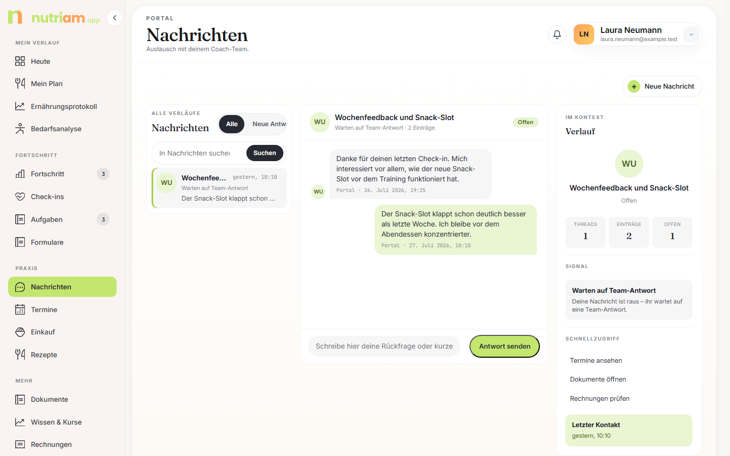 Nachrichten im Portal mit Liste, Verlauf und Kontextspalte