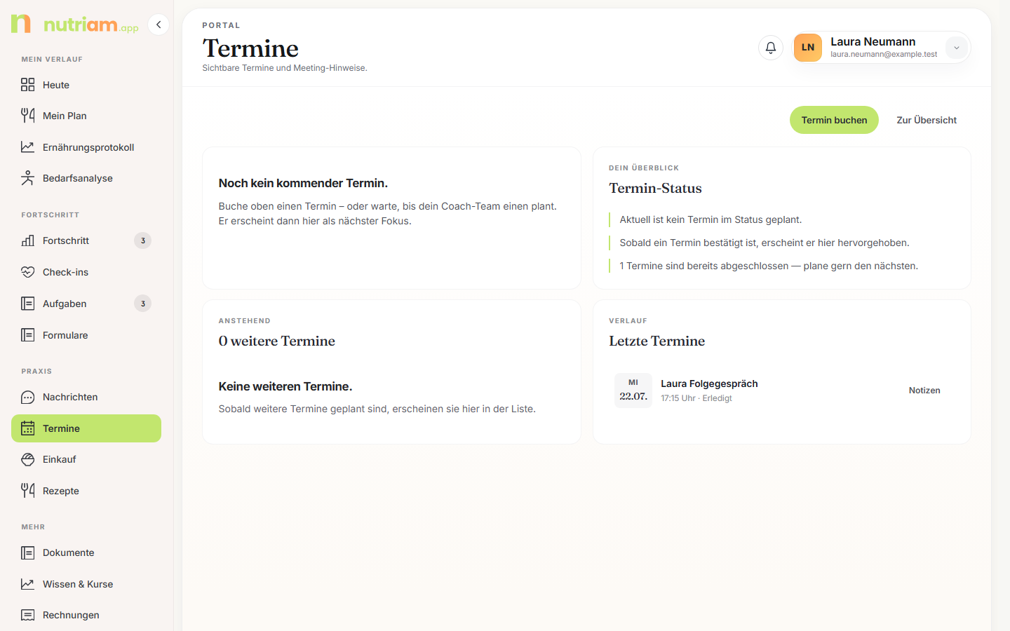 Terminseite mit nächstem Termin, Überblick und Verlauf