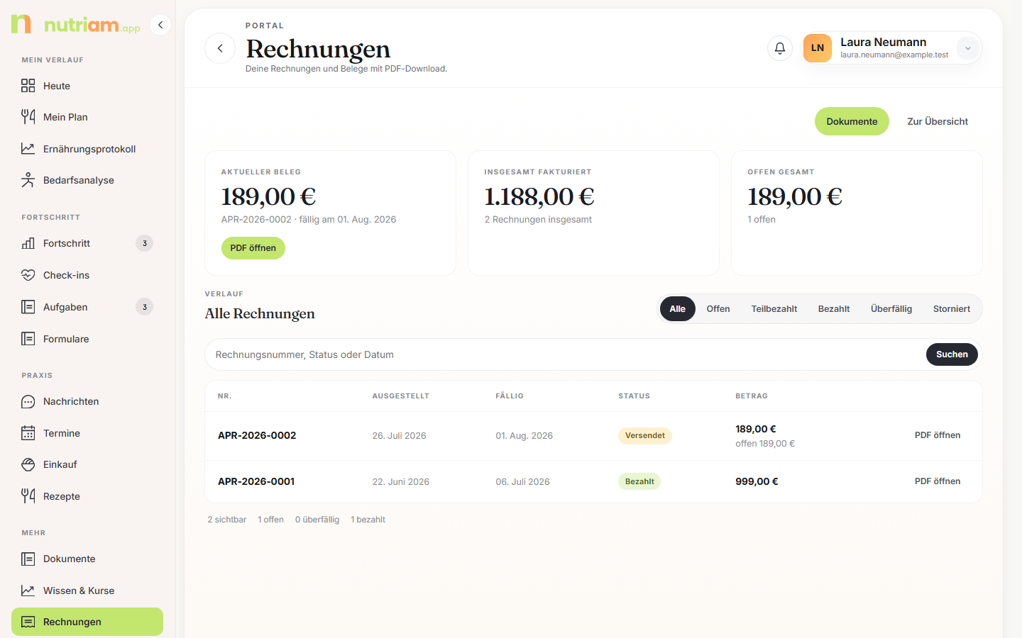 Rechnungen im Portal mit Kennzahlen und Tabelle